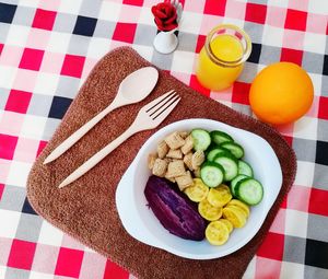 High angle view of breakfast on table