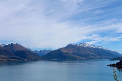 Scenic view of lake and mountains against sky