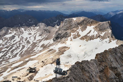 Aerial view of snowcapped mountains against sky