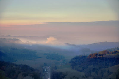 High angle view of landscape against sky during sunset