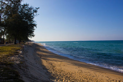 Scenic view of sea against clear blue sky