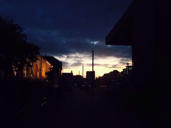 Buildings in city at sunset