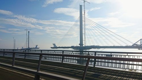 Suspension bridge against sky in city