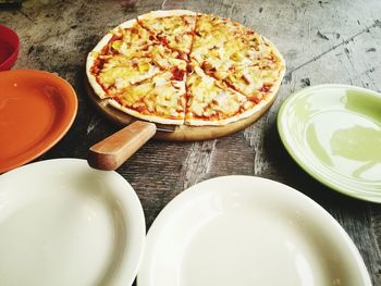 High angle view of breakfast on table