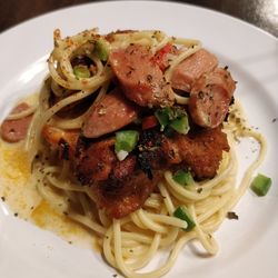 High angle view of pasta in plate