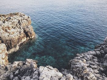 High angle view of sea by rocks