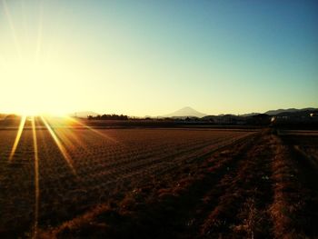 Scenic view of field against clear sky during sunset