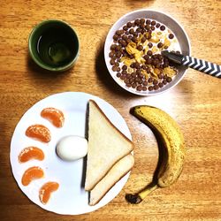 High angle view of breakfast served on table