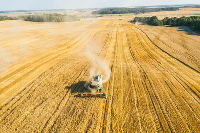 Aerial view drone of harvest field with tractor mows dry grass. autumn yellow field 