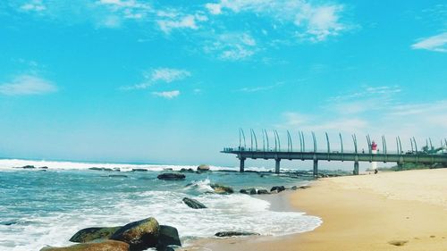 Scenic view of beach against blue sky