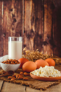 Dietary protein food on wooden background. rustic breakfast 