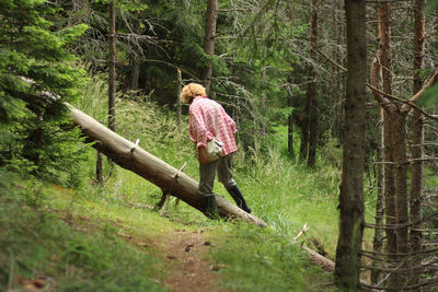 Rear view of woman walking in forest