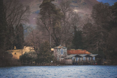 Houses by river against trees