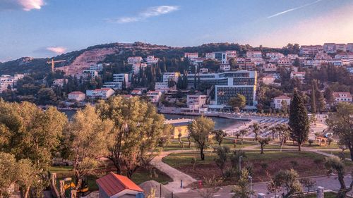 High angle shot of townscape against sky