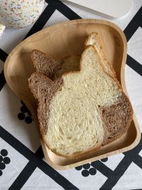 High angle view of bread in basket on table