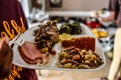 Close-up of food served on table