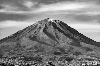 Low angle view of mountain against cloudy sky