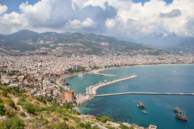 High angle view of city by sea against sky