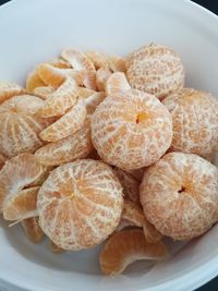 High angle view of fruits in plate on table
