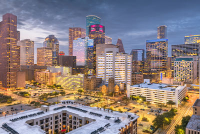 High angle view of city at night