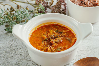 High angle view of soup in bowl on table