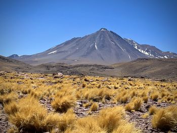 Scenic view of mountains against clear blue sky