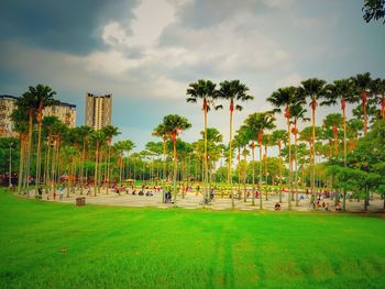 Group of people playing soccer on field against sky