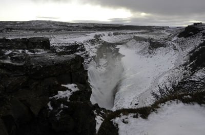 Scenic view of snow covered landscape against sky