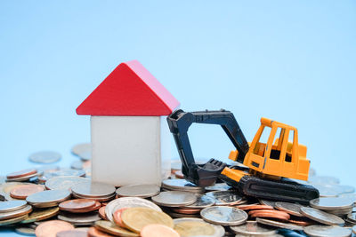 Close-up of toys against blue background