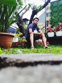 Full length portrait of mature man sitting on potted plant in yard