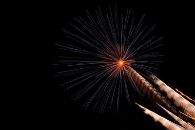 Low angle view of firework display against sky at night