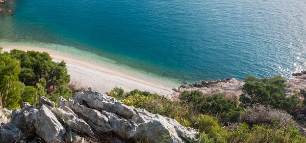 High angle view of rocks on beach