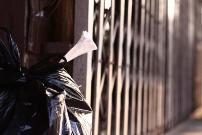 Close-up of paper tied up on metal fence