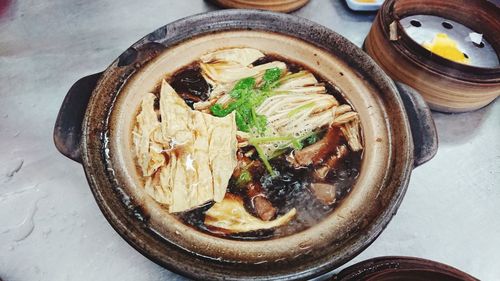 High angle view of soup in bowl on table