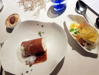 High angle view of food in plate on table