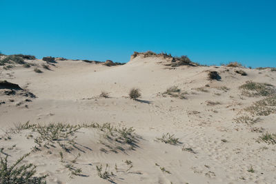 Scenic view of desert against clear blue sky