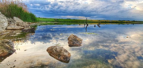 Reflection of rocks in lake against sky