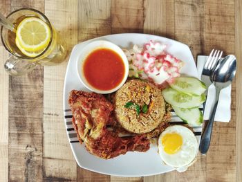 Directly above shot of food served on table