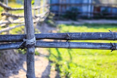 Close-up of metal fence on field