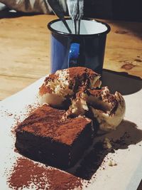 Close-up of chocolate cake on table