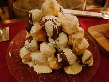 Close-up of dessert served on table