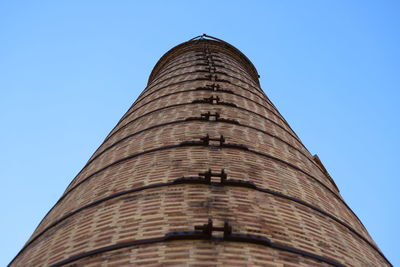 Low angle view of old chimney with metal brackets against clear blue sky