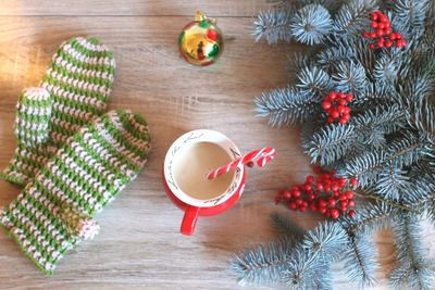 High angle view of christmas decoration on table