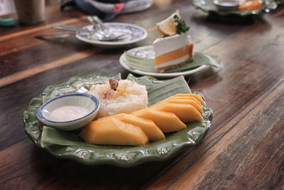 High angle view of breakfast on table