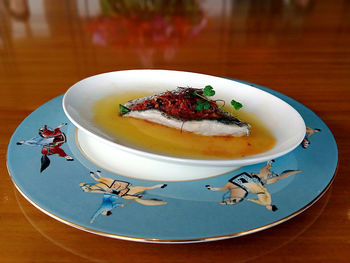 Close-up of food in plate on table