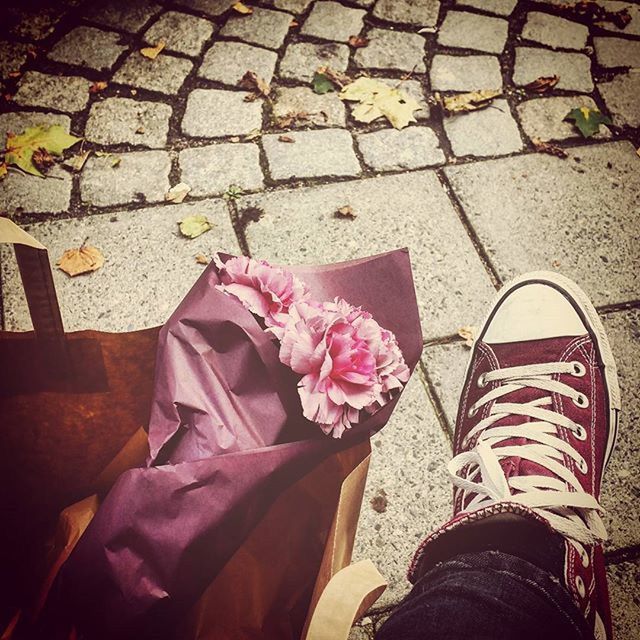 low section, high angle view, person, shoe, standing, personal perspective, pink color, lifestyles, street, flower, leaf, day, outdoors, footwear, directly above, ground, fallen