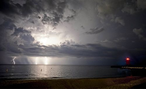 Scenic view of sea against storm clouds