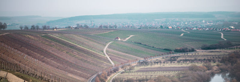 High angle view of agricultural field against sky