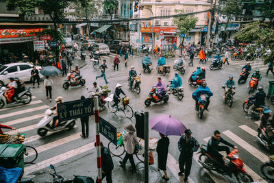 High angle view of people on city street