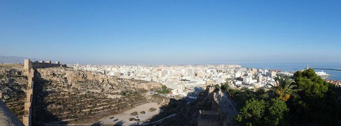 High angle view of buildings against clear blue sky